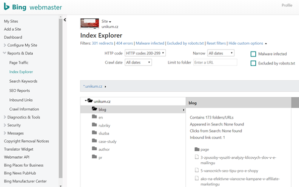 Bing Webmaster Tools – Analýza indexace webu