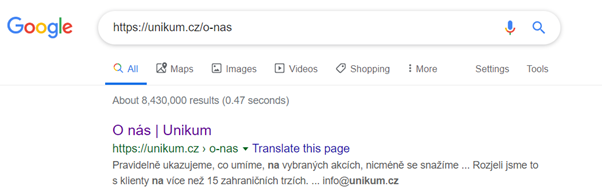 Google – ověření indexace zadáním URL do vyhledávání